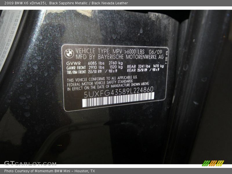 Black Sapphire Metallic / Black Nevada Leather 2009 BMW X6 xDrive35i