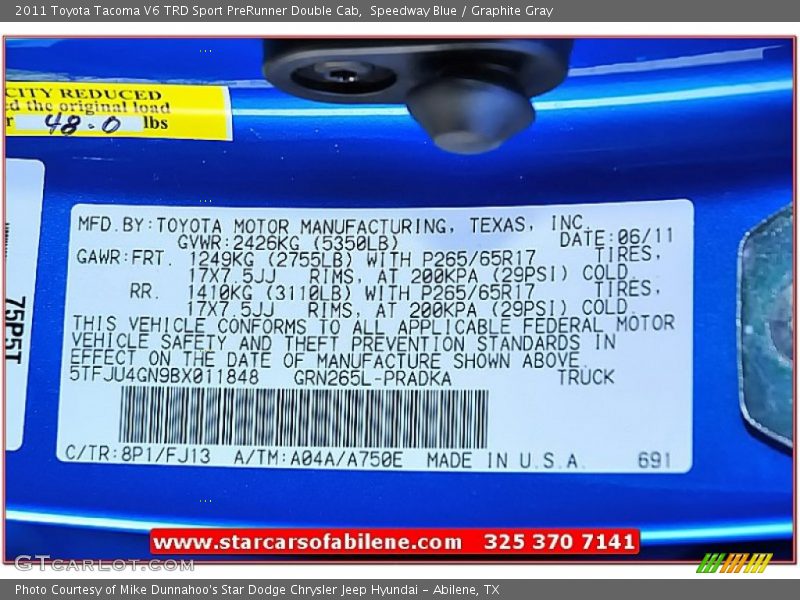 Speedway Blue / Graphite Gray 2011 Toyota Tacoma V6 TRD Sport PreRunner Double Cab