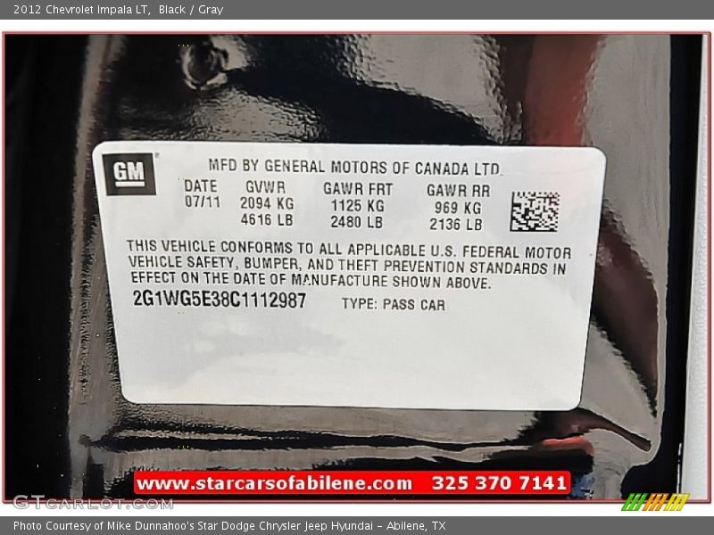 Black / Gray 2012 Chevrolet Impala LT