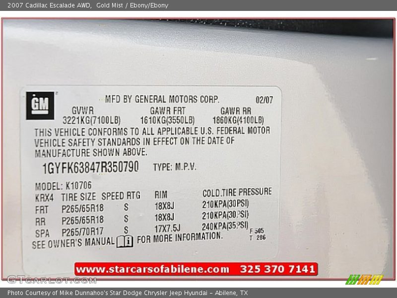 Gold Mist / Ebony/Ebony 2007 Cadillac Escalade AWD