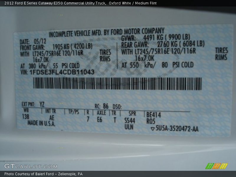 Oxford White / Medium Flint 2012 Ford E Series Cutaway E350 Commercial Utility Truck