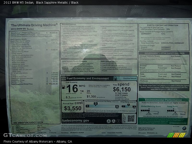  2013 M5 Sedan Window Sticker