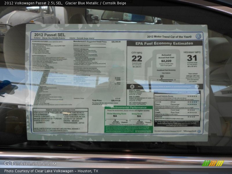 Glacier Blue Metallic / Cornsilk Beige 2012 Volkswagen Passat 2.5L SEL