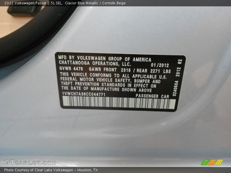 Glacier Blue Metallic / Cornsilk Beige 2012 Volkswagen Passat 2.5L SEL