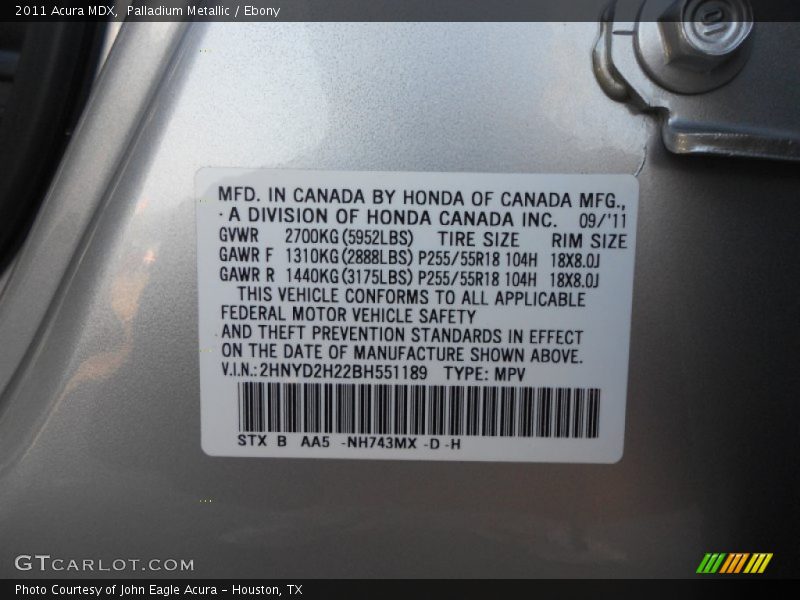 Palladium Metallic / Ebony 2011 Acura MDX