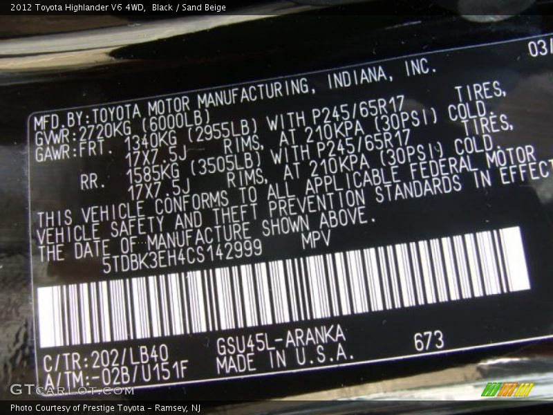 Black / Sand Beige 2012 Toyota Highlander V6 4WD