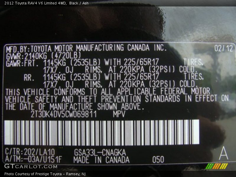 Black / Ash 2012 Toyota RAV4 V6 Limited 4WD