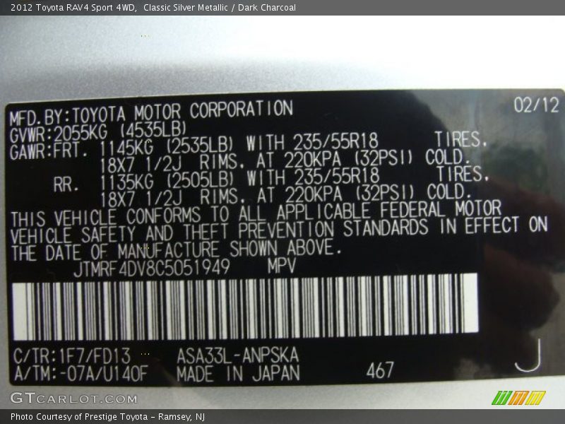 Classic Silver Metallic / Dark Charcoal 2012 Toyota RAV4 Sport 4WD