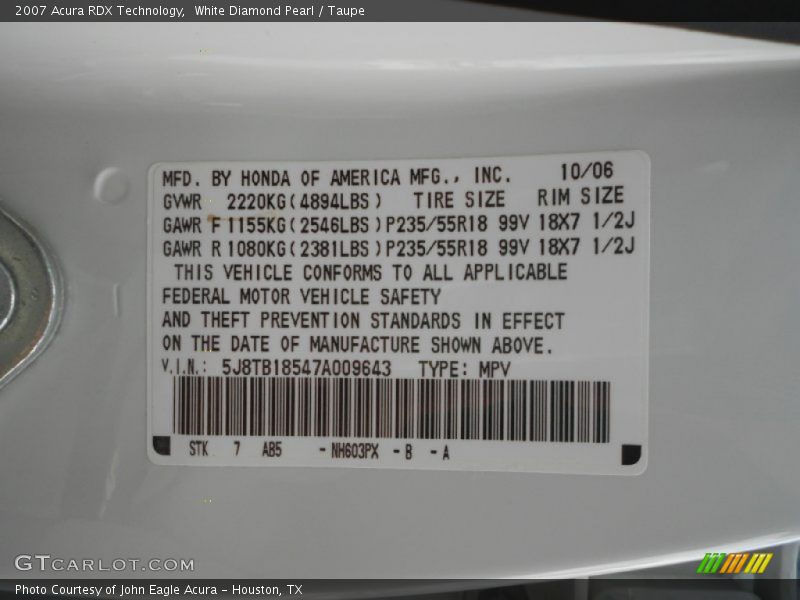 White Diamond Pearl / Taupe 2007 Acura RDX Technology