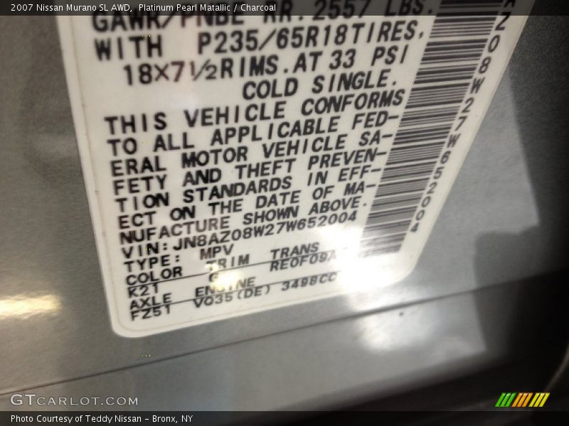 Platinum Pearl Matallic / Charcoal 2007 Nissan Murano SL AWD