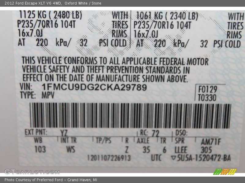 2012 Escape XLT V6 4WD Oxford White Color Code YZ