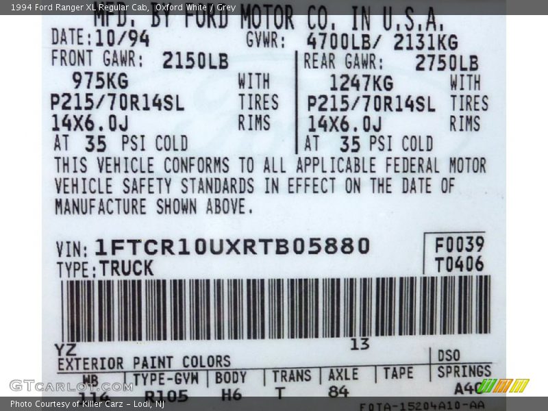 1994 Ranger XL Regular Cab Oxford White Color Code YZ