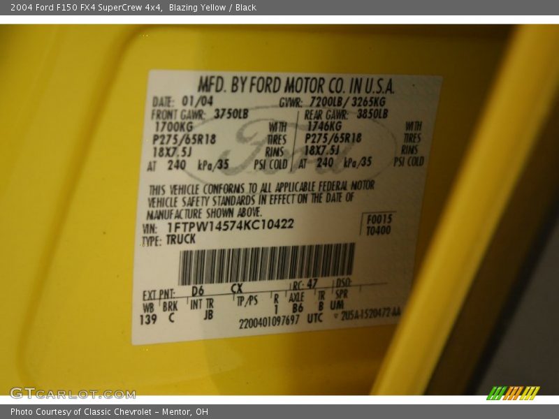 2004 F150 FX4 SuperCrew 4x4 Blazing Yellow Color Code D6