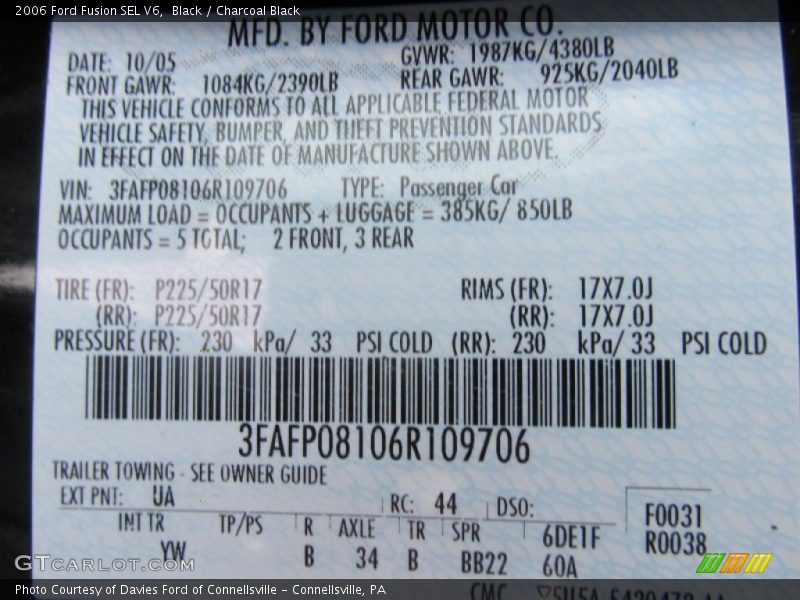 Black / Charcoal Black 2006 Ford Fusion SEL V6