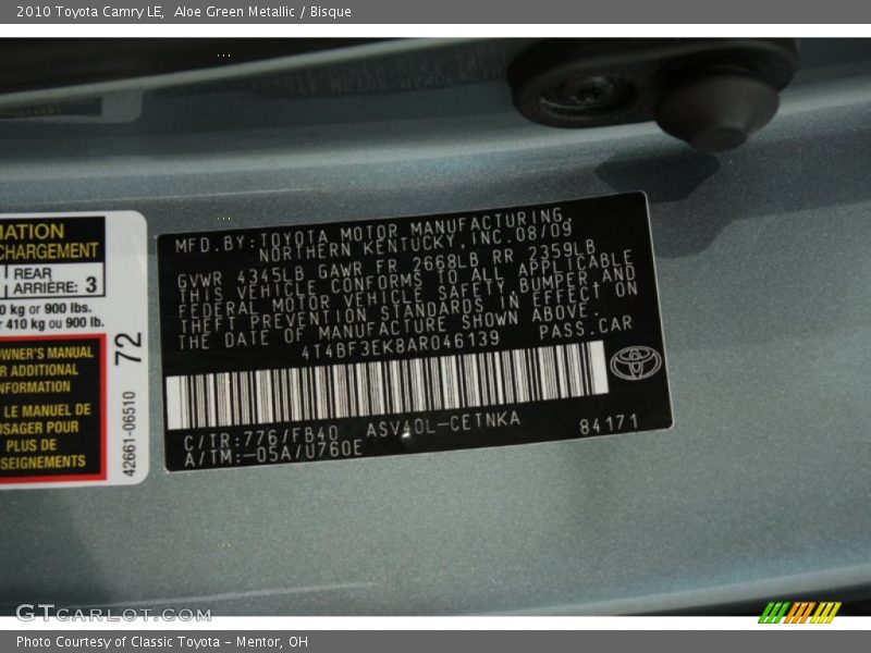 Aloe Green Metallic / Bisque 2010 Toyota Camry LE