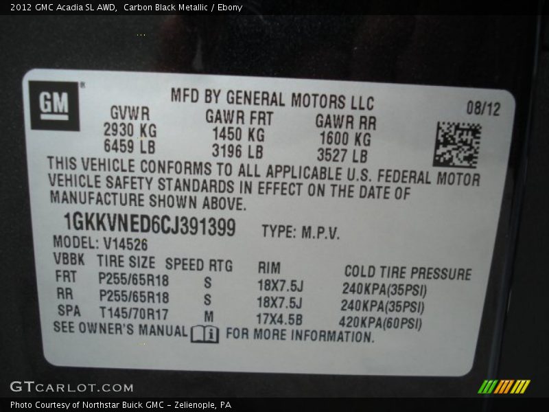 Carbon Black Metallic / Ebony 2012 GMC Acadia SL AWD