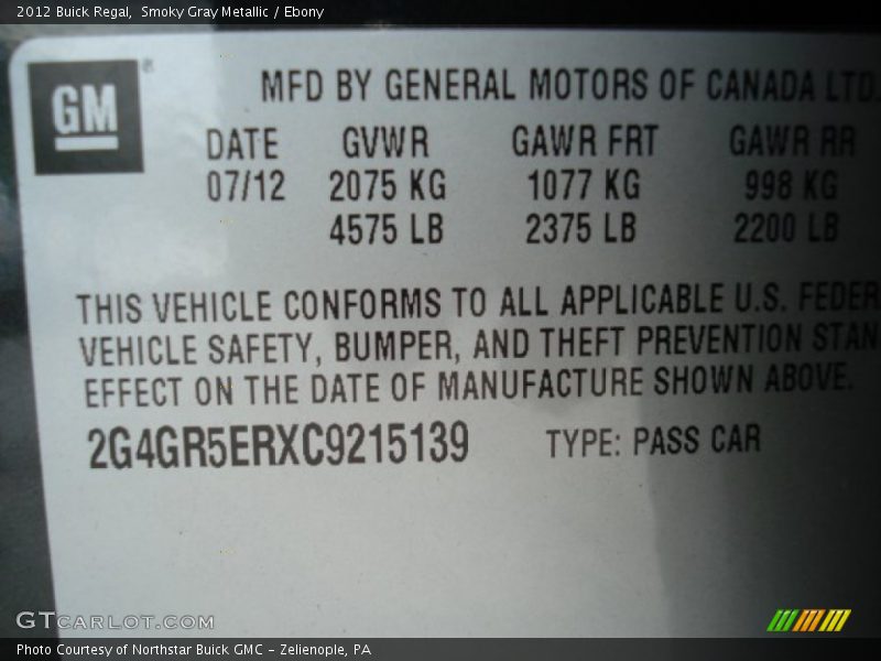 Smoky Gray Metallic / Ebony 2012 Buick Regal