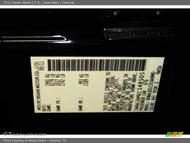 Super Black / Charcoal 2012 Nissan Altima 2.5 SL