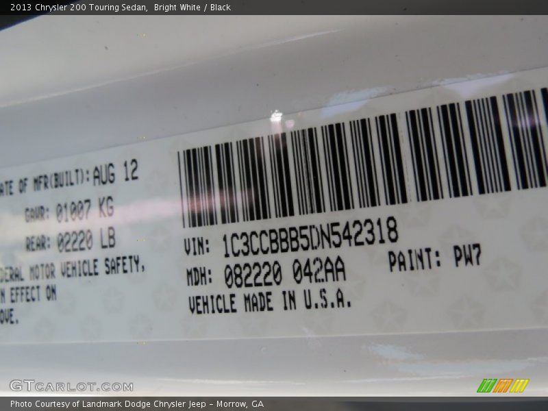 2013 200 Touring Sedan Bright White Color Code PW7