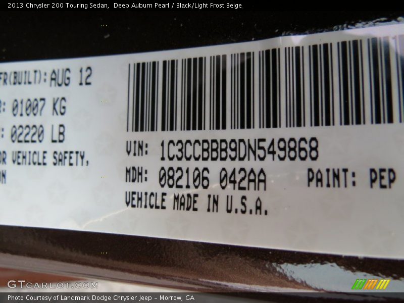 2013 200 Touring Sedan Deep Auburn Pearl Color Code PEP