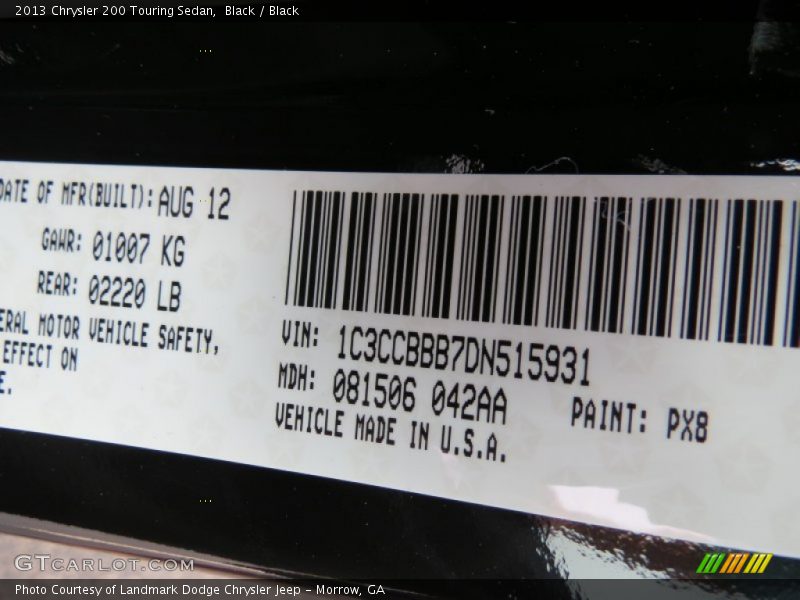 2013 200 Touring Sedan Black Color Code PX8