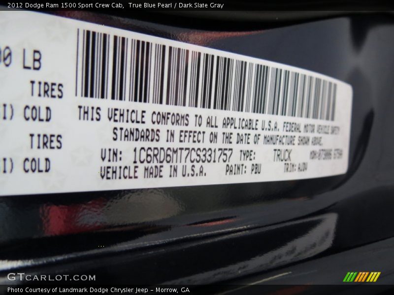 True Blue Pearl / Dark Slate Gray 2012 Dodge Ram 1500 Sport Crew Cab