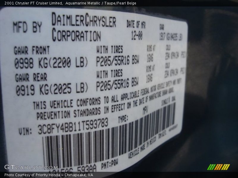 2001 PT Cruiser Limited Aquamarine Metallic Color Code PQW