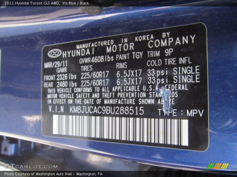 Iris Blue / Black 2011 Hyundai Tucson GLS AWD