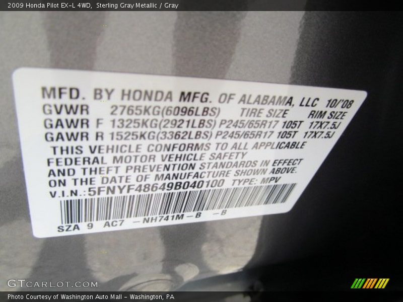Sterling Gray Metallic / Gray 2009 Honda Pilot EX-L 4WD