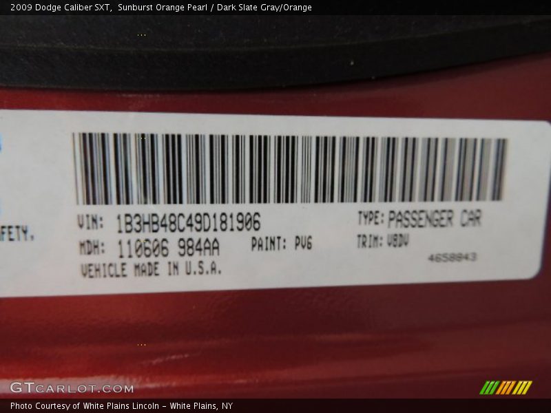 2009 Caliber SXT Sunburst Orange Pearl Color Code PV6