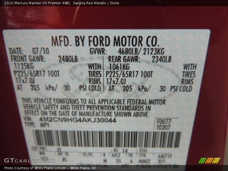 2010 Mariner V6 Premier 4WD Sangria Red Metallic Color Code JV