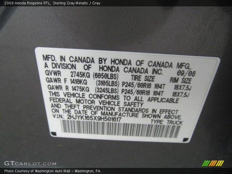 Sterling Gray Metallic / Gray 2009 Honda Ridgeline RTL