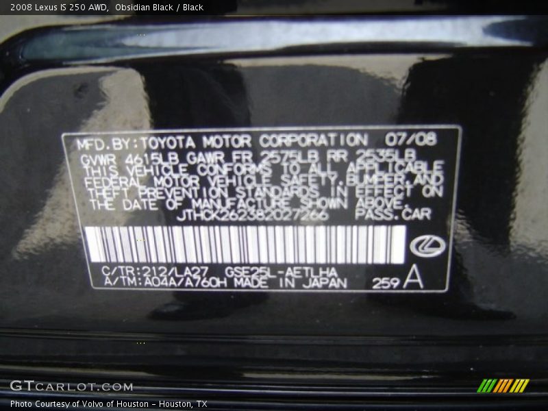 Obsidian Black / Black 2008 Lexus IS 250 AWD