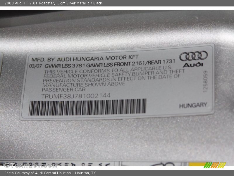Light Silver Metallic / Black 2008 Audi TT 2.0T Roadster