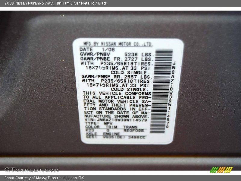 Brilliant Silver Metallic / Black 2009 Nissan Murano S AWD