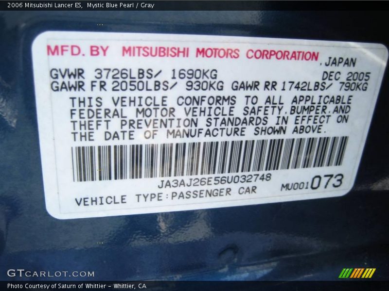 Mystic Blue Pearl / Gray 2006 Mitsubishi Lancer ES