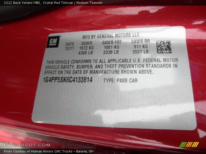 Crystal Red Tintcoat / Medium Titanium 2012 Buick Verano FWD