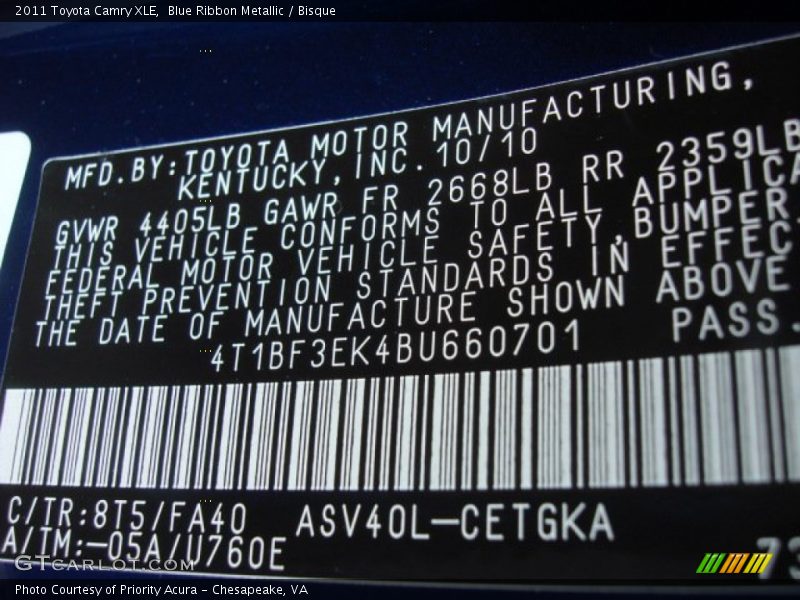 Blue Ribbon Metallic / Bisque 2011 Toyota Camry XLE