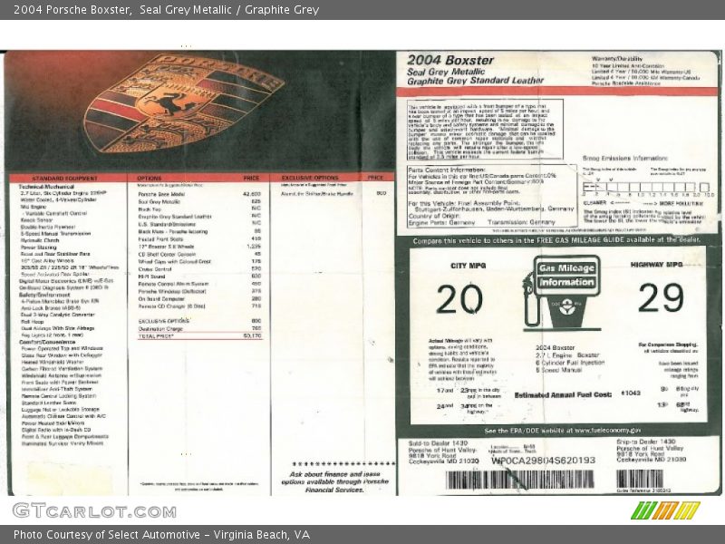  2004 Boxster  Window Sticker