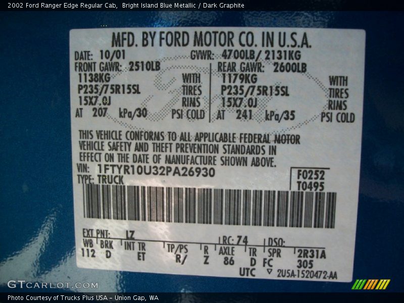 2002 Ranger Edge Regular Cab Bright Island Blue Metallic Color Code LZ