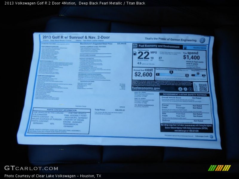  2013 Golf R 2 Door 4Motion Window Sticker