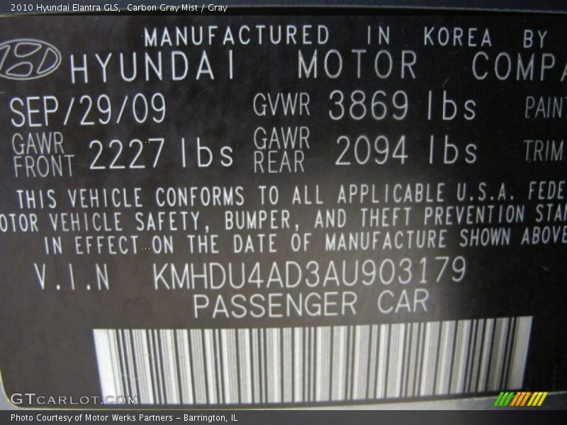 Carbon Gray Mist / Gray 2010 Hyundai Elantra GLS