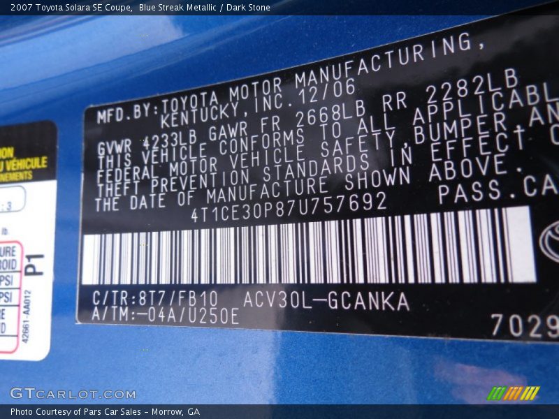 2007 Solara SE Coupe Blue Streak Metallic Color Code 8T7