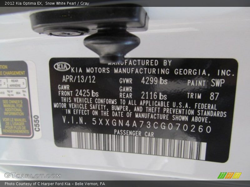 Snow White Pearl / Gray 2012 Kia Optima EX