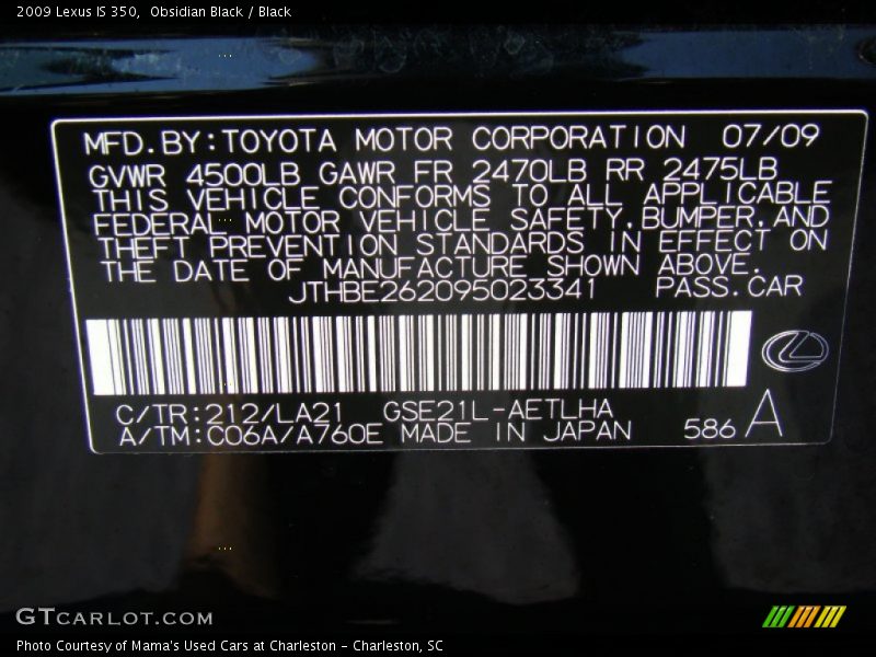 Obsidian Black / Black 2009 Lexus IS 350