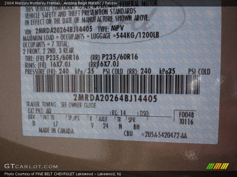 Arizona Beige Metallic / Pebble 2004 Mercury Monterey Premier