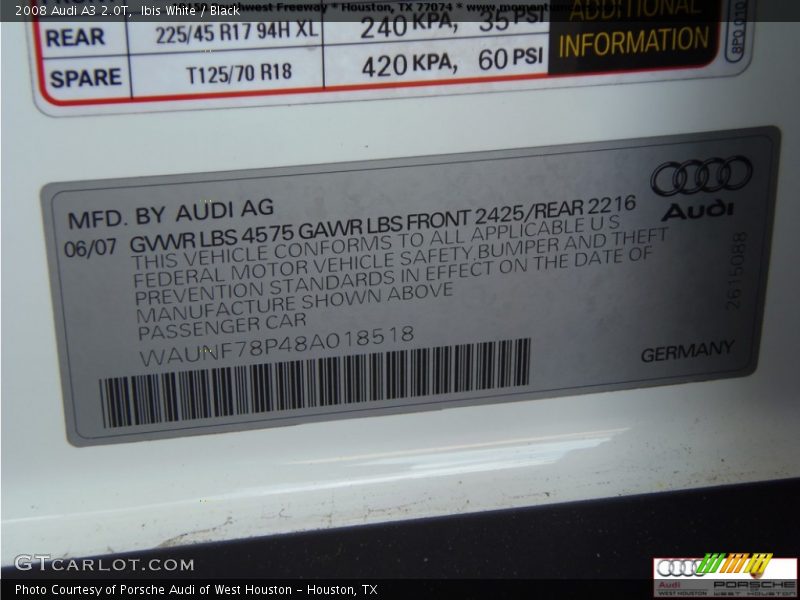 Ibis White / Black 2008 Audi A3 2.0T