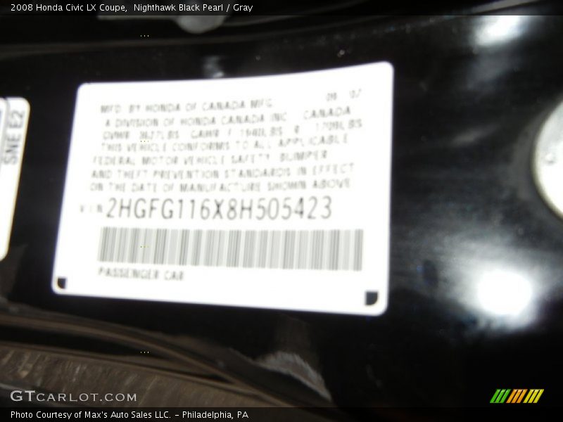 Nighthawk Black Pearl / Gray 2008 Honda Civic LX Coupe
