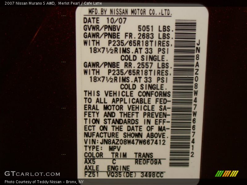 2007 Murano S AWD Merlot Pearl Color Code AX5