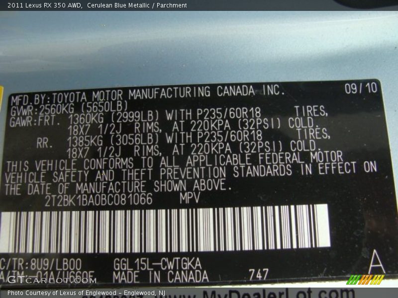 Cerulean Blue Metallic / Parchment 2011 Lexus RX 350 AWD